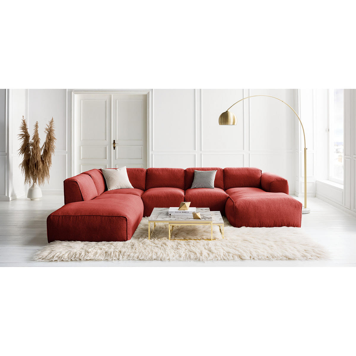WOHNLANDSCHAFT mit Longchair - Rot/Schwarz, Kunststoff/Textil (325/71/235cm) - home24