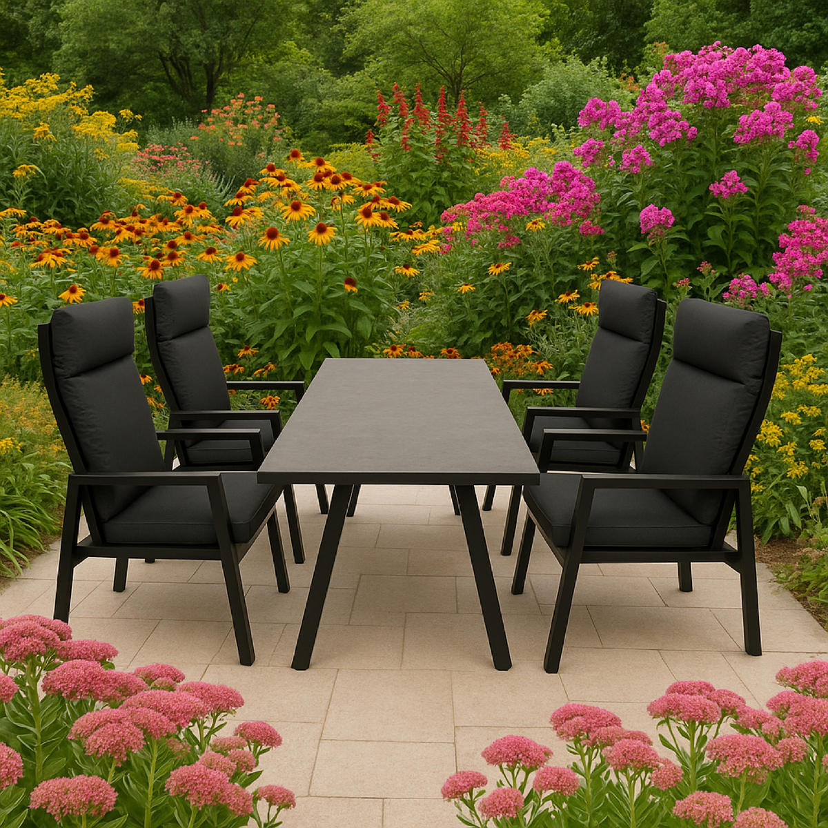 GARTEN-GARNITUR Reading - Essgruppe 5-teilig (4x Hochlehner Sessel mit Armlehnen, 1x Tisch 180x90cm), Gestell Aluminium dunkelgrau - Grau, Metall - TPFGarden