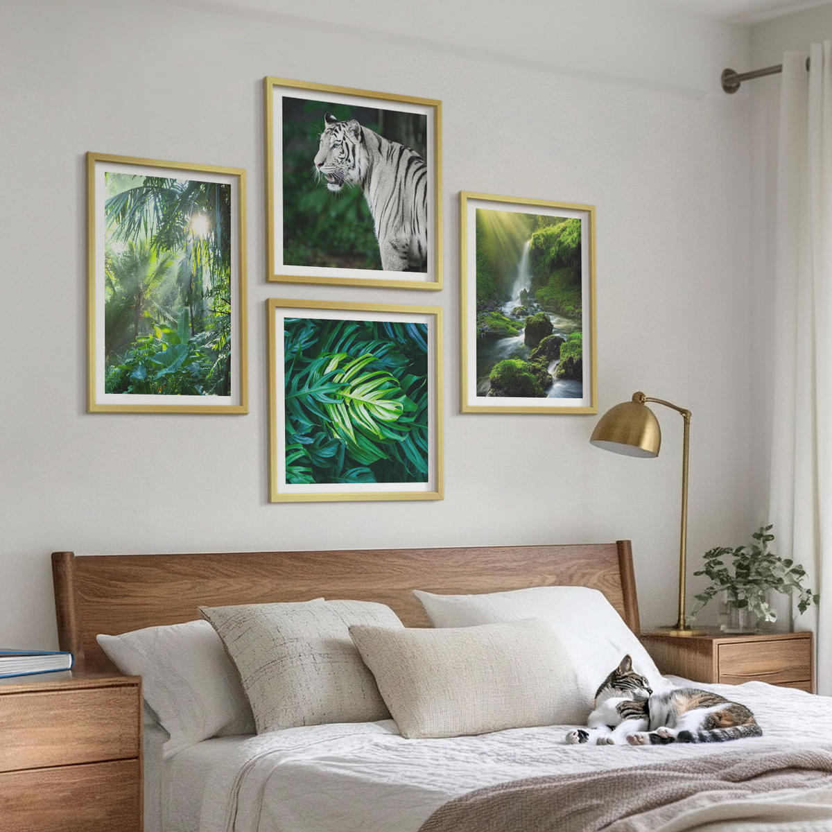 BILDER SET 4er Set - 50x50 cm & 40x60 cm Goldrahmen - Dschungel-Weißtiger-Wasserfall - Goldfarben, Kunststoff (50/50cm) - TULUP