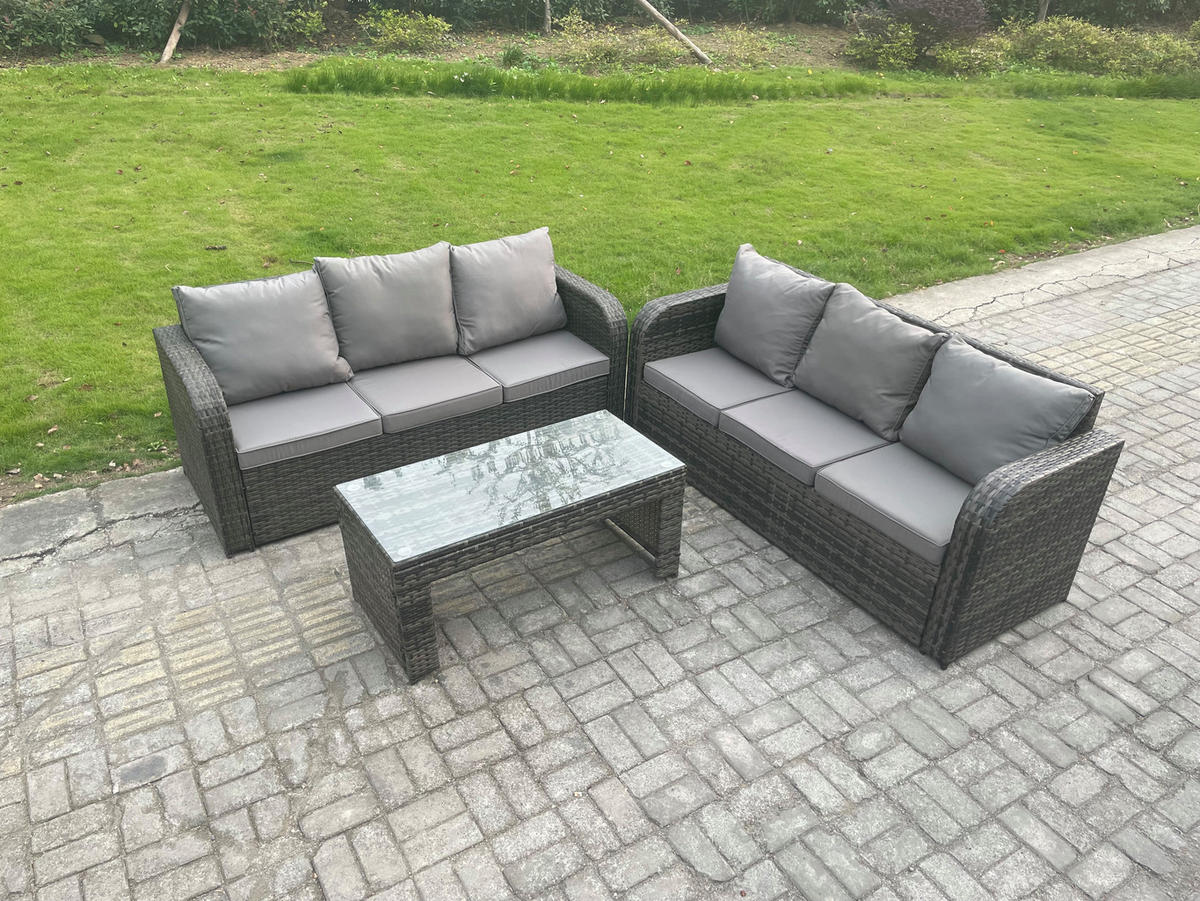 GARTENMÖBEL SET mit Sofa Polyrattan 6-Sitzer Dunkelgrau - Dunkelgrau/Grau, Glas/Kunststoff - Fimous