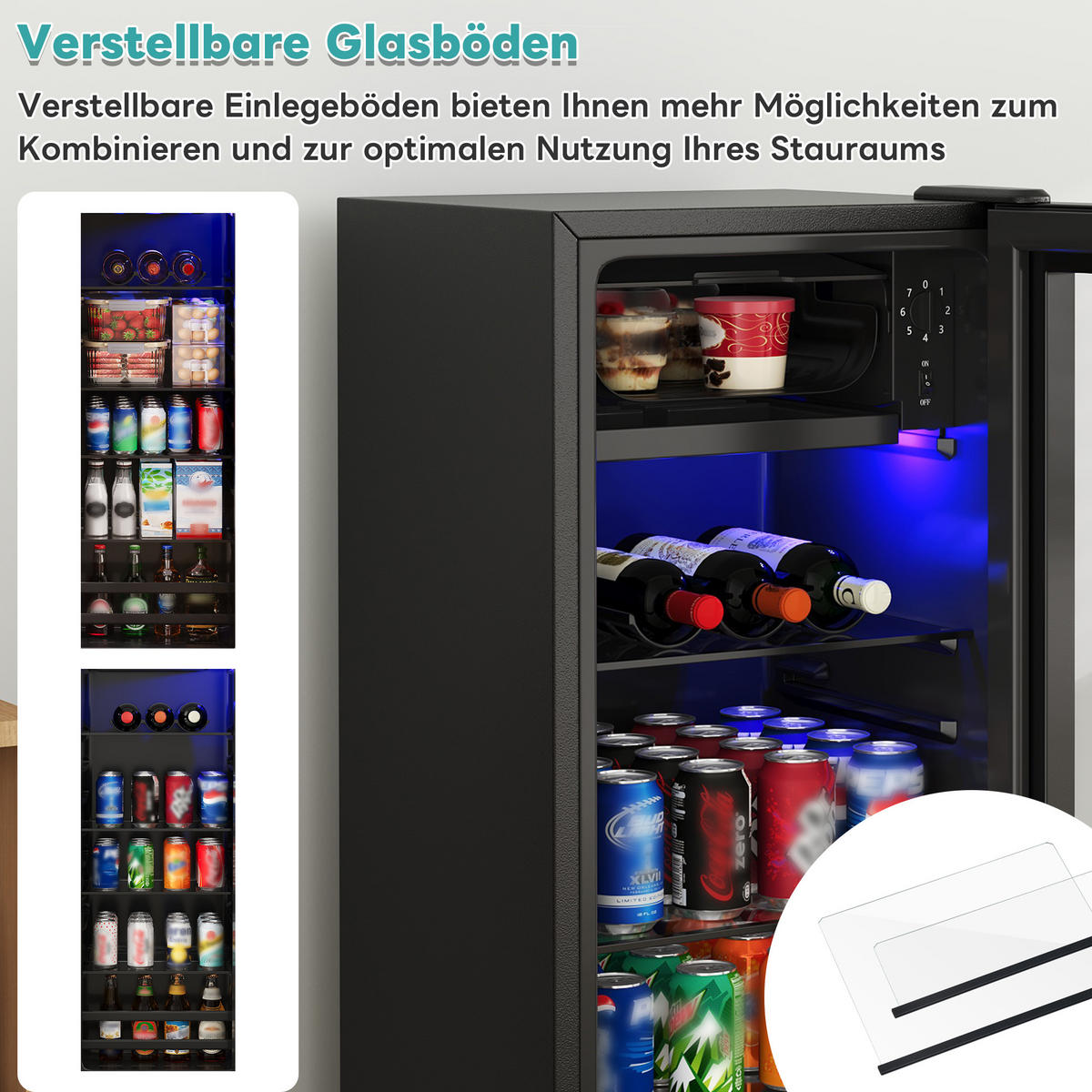 MINIKÜHLSCHRANK 40.5/40/112 cm Schwarz 128L mit verstellbare Einlegeböden und blaueLED - Schwarz, Metall (40/110/40.5cm) - Oxeza