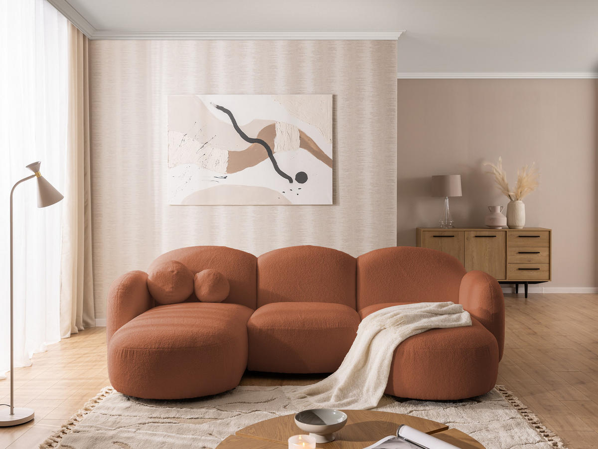 WOHNLANDSCHAFT Nuvola mit abgerundetem Design Terrakotta Bouclé-Stoff - Terra cotta/Schwarz, Holz/Kunststoff (268/80/146cm) - S-Style Möbel