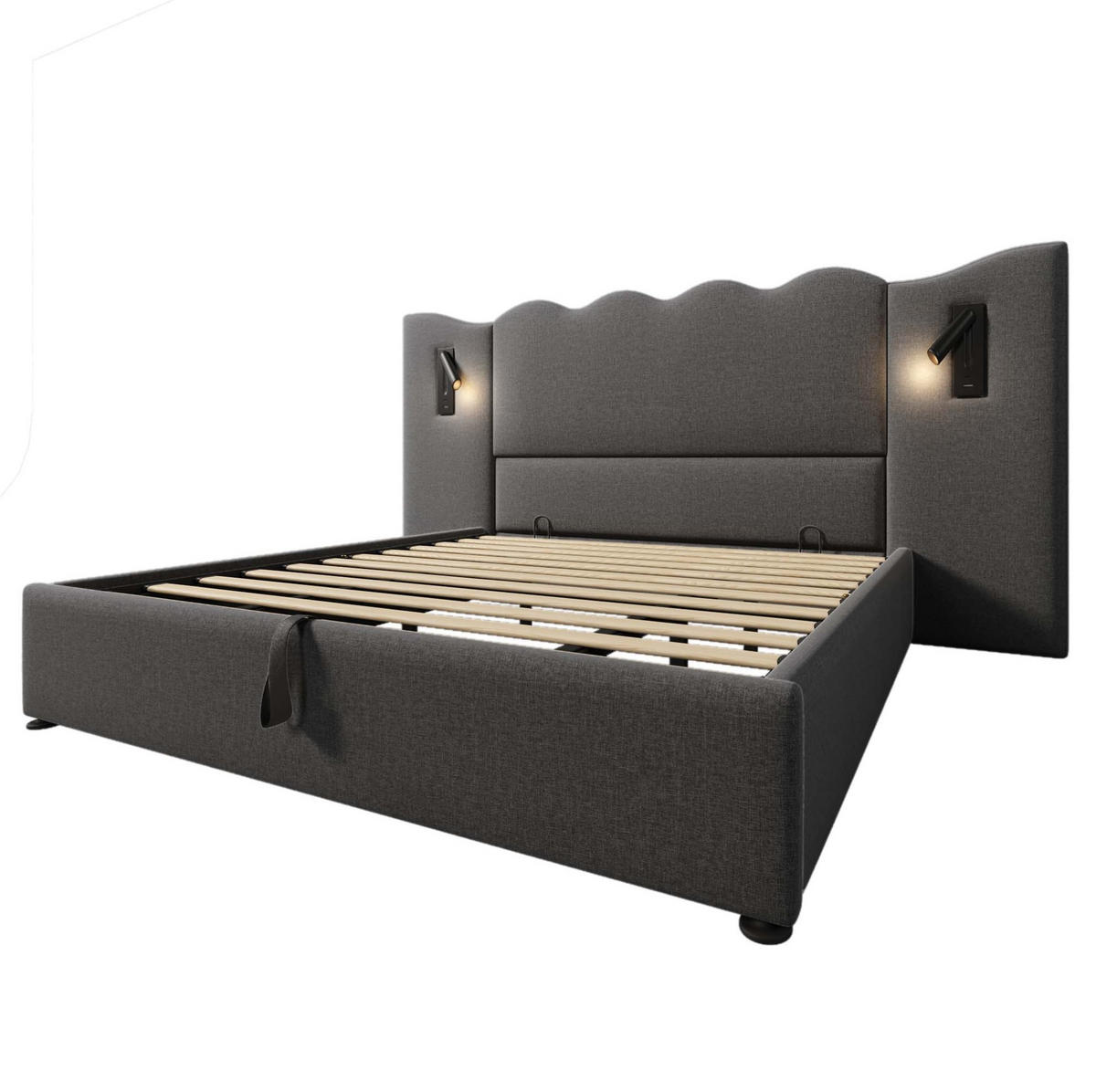 ČALÚNENÁ posteľ 252/215/111 cm sivá, ľan a kov s LED lampou a USB-C, úložná - sivá, textil (180/200cm) - BEAOK