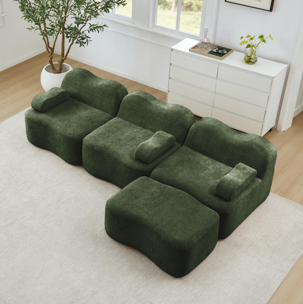 SOFA 288/167/70 cm in Grün aus Samt mit Wellenform und Hocker - Grün, Textil (167/70/288cm) - Flora Grace