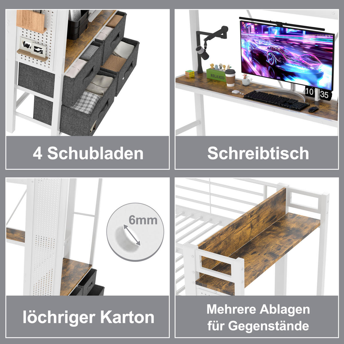 HOCHBETT 90/200 cm aus Metall mit Schreibtisch, LED-Leiste und 4 Schubladen Weiß - Weiß, Metall (90/200cm) - Modenvie