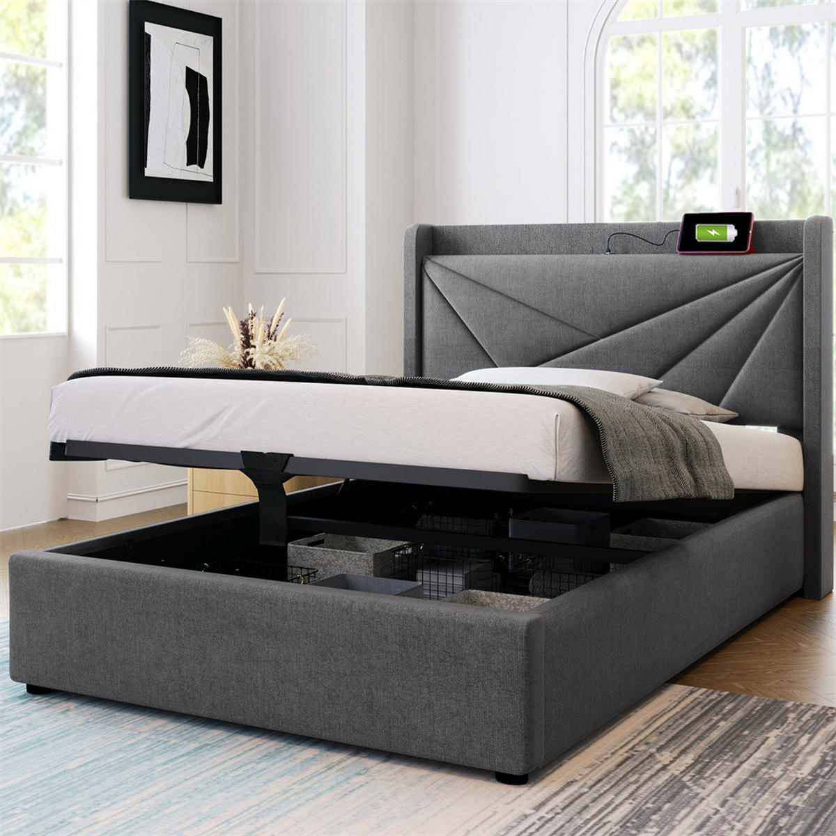 POLSTERBETT 90/200cm in Grau Leinen mit USB Typ C Ladefunktion Kopfteil - Grau, Holz/Textil (90/200cm) - KOMHTOM