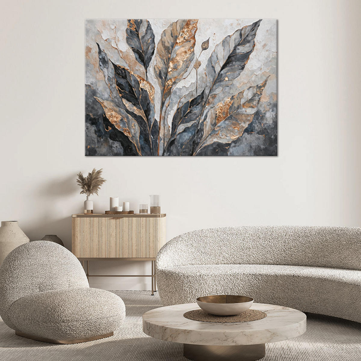 WANDBILD abstrakte blätter grau gold - Silberfarben, Textil (60/40cm) - Feeby