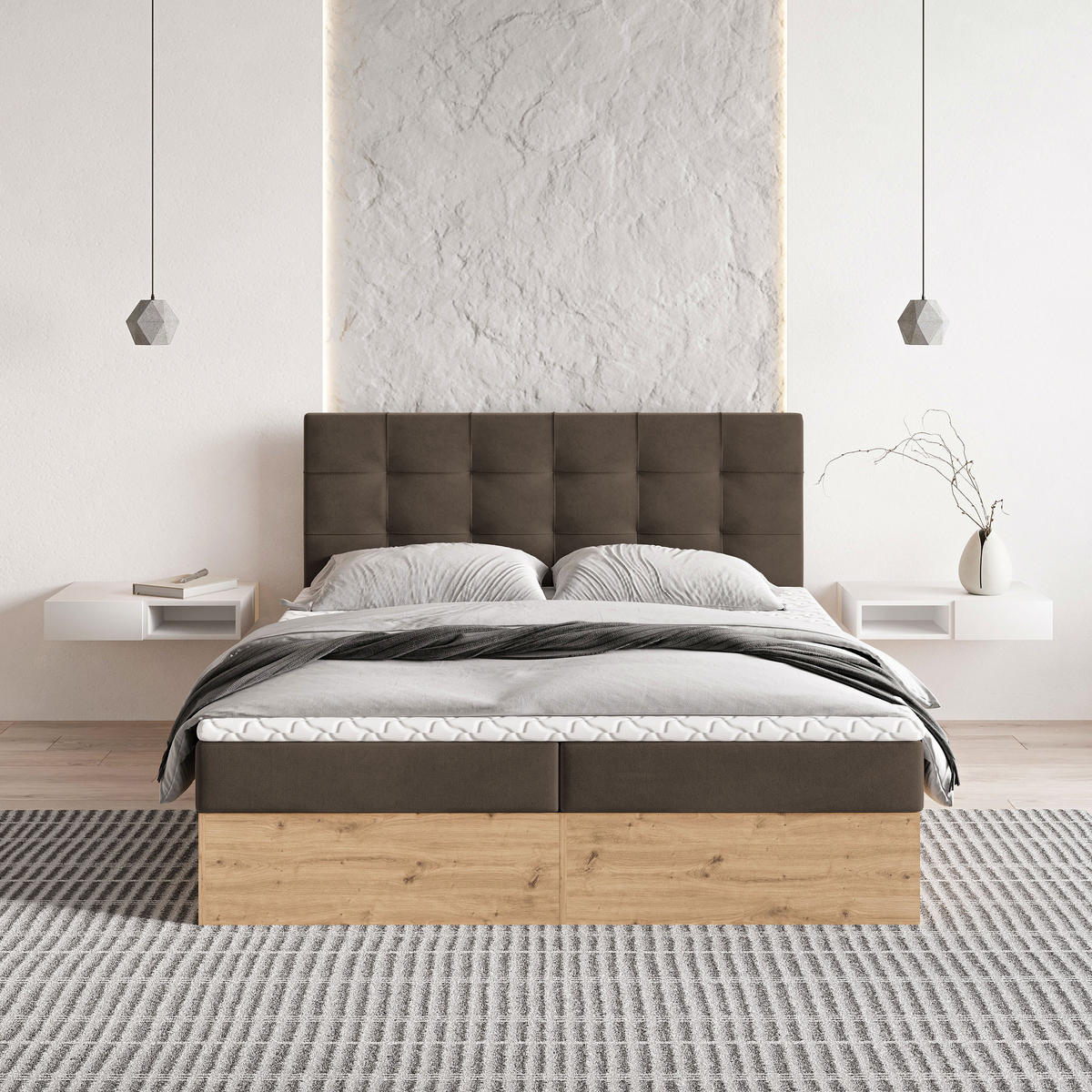 BOXBETT MOLVEN 180x200 cm mit Matratze und Topper - Braun - Braun, Holz (180/200cm) - MASSENO