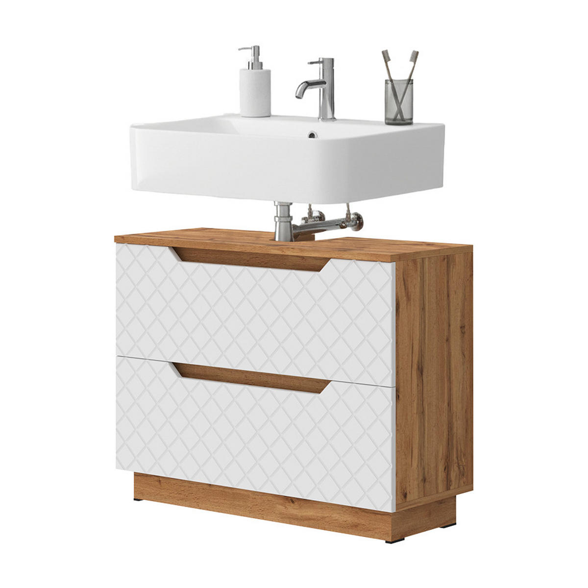 WASCHBECKENUNTERSCHRANK Lotta Eiche/Weiß mit Kachelstruktur 79.6 x 62.5 cm mit 2 Schubladen - Eichefarben/Weiß, Holzwerkstoff (79.6/62.5/32cm) - Vicco