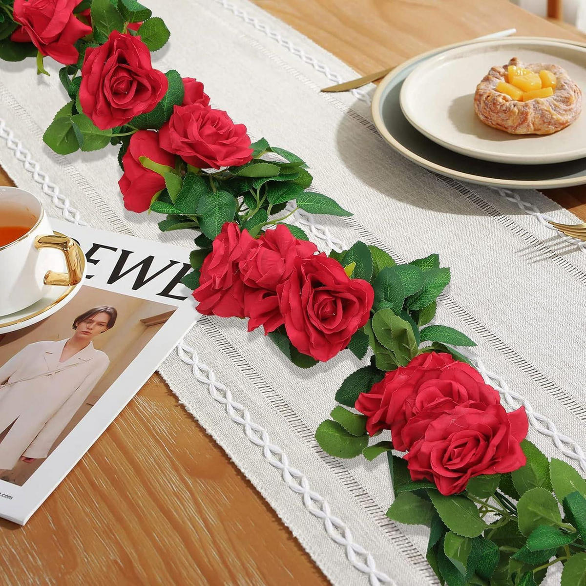 KÜNSTLICHE Blumengirlande 3-teiliges Set Rote Rosen 6 m - Rot, Kunststoff (10cm)