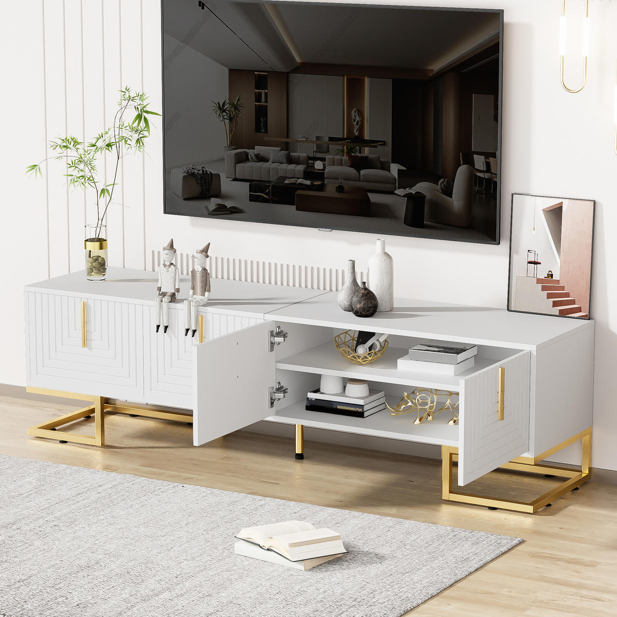 TV-ELEMENT170CM weißLowboard mit strukturierter Tür und goldenen Füßen - Weiß, Holz (52.98/22.99/60.68cm) - Raelunyi