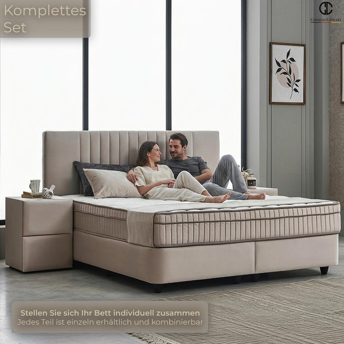 NACHTTISCH CARL 45/45/60 cm, Beige, zwei Schubladen - Beige/Schwarz, Holz/Kunststoff (45/60/45cm) - Consilio Concept