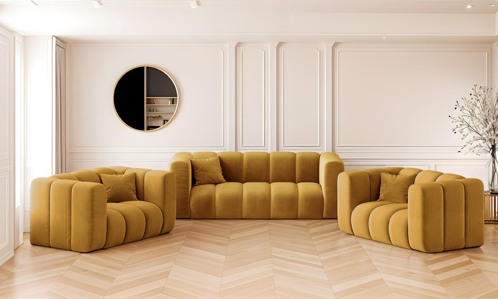 SOFAGARNITUR 2+1+1 Serie Grand Stilvol, Stoff Salvador Salvador Gelb - Gelb, Holz (91/70/197cm) - Kaiser Möbel