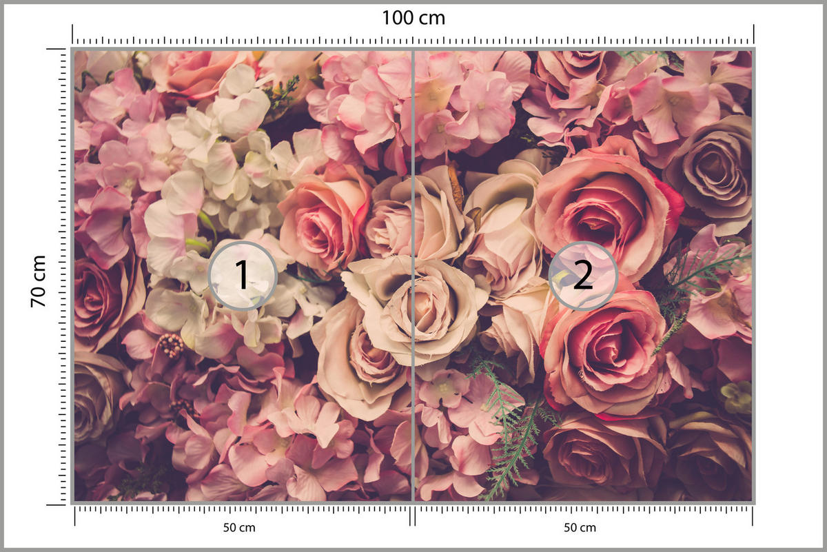 FOTOTAPETE für Schlafzimmer Pinke Rosen Boho Blumen 100x70 - Beige/Violett, Papier (100/70cm) - Muralo