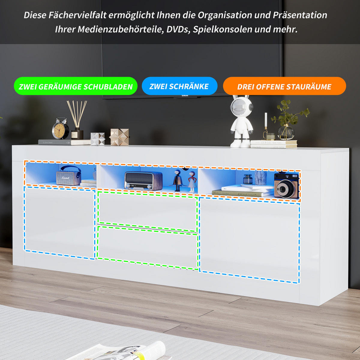 TV-SCHRANK 160x35cm Hochglanz LED-Beleuchtung 3 Fächer 2 Türen 2 Schubladen - Weiß, Holz (44/22.5/70cm) - FLIEKS