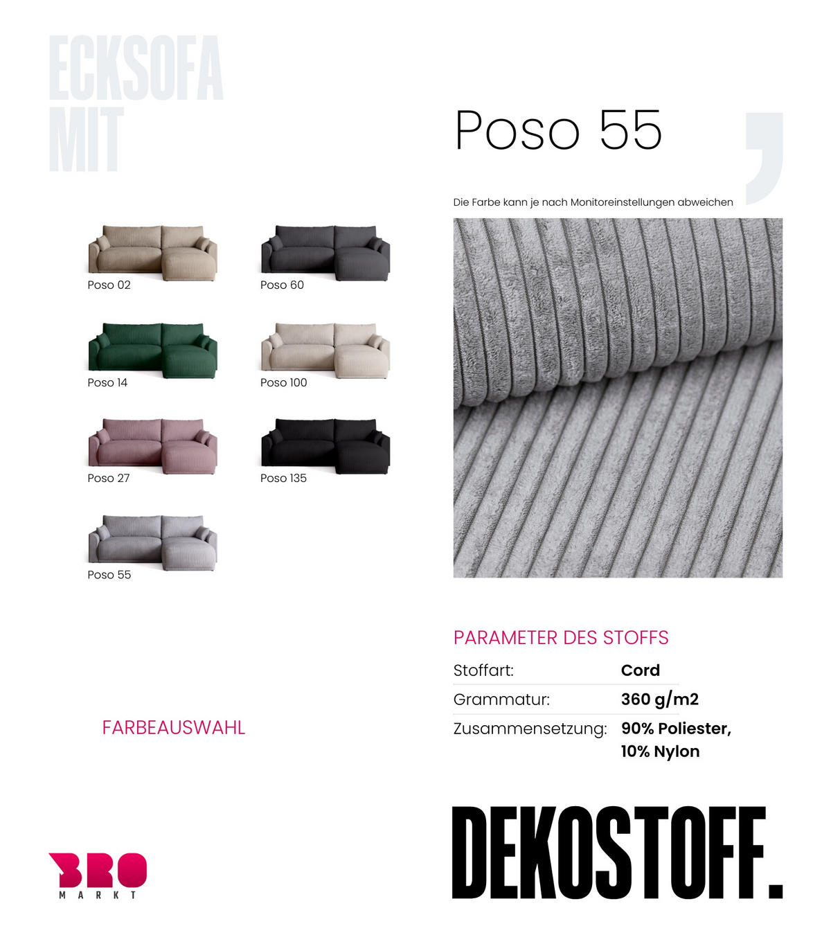 ECKSOFA MORENO mit Schlaffunktion Hellgrau Cord - Hellgrau, Textil (262/160cm) - Bromarkt