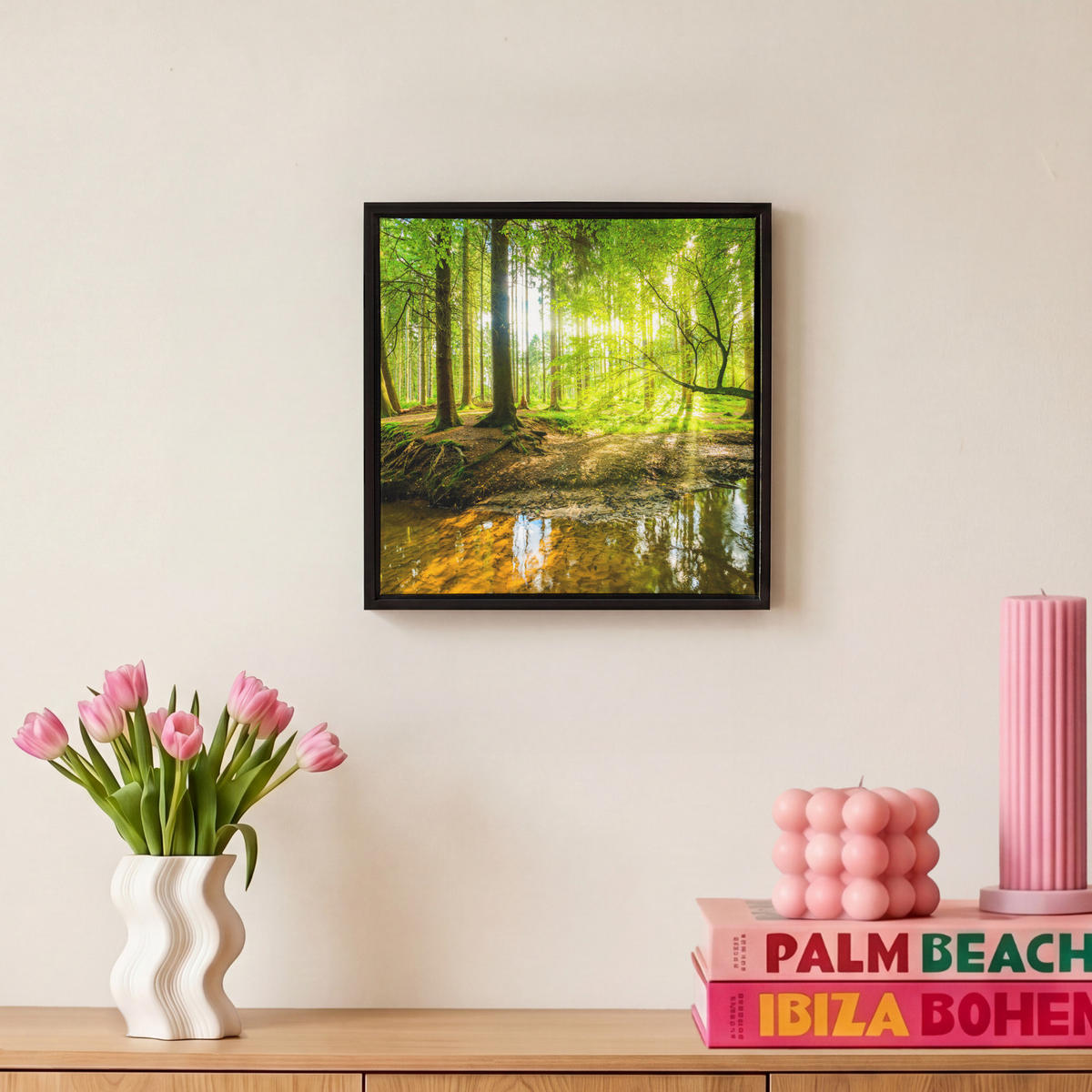 LEINWAND Bilder mit Rahmen - Wald - Landschaft - Wasser - Bäume - Sonne - Grün - Natur - 20x20 - Grün, Textil (20/20cm) - MuchoWow