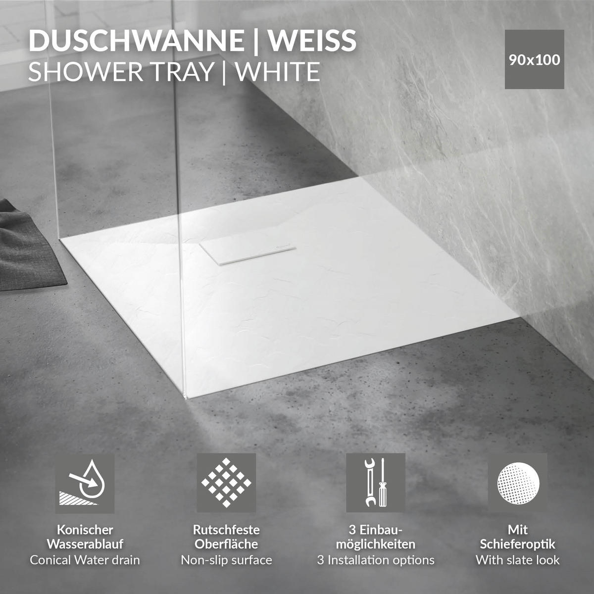 SPRCHOVÁ VANICKÁ VANA 100x90 cm bílá s odtokovou sadou z SMC - bílá, plast (90/3/100cm) - LuxeBath
