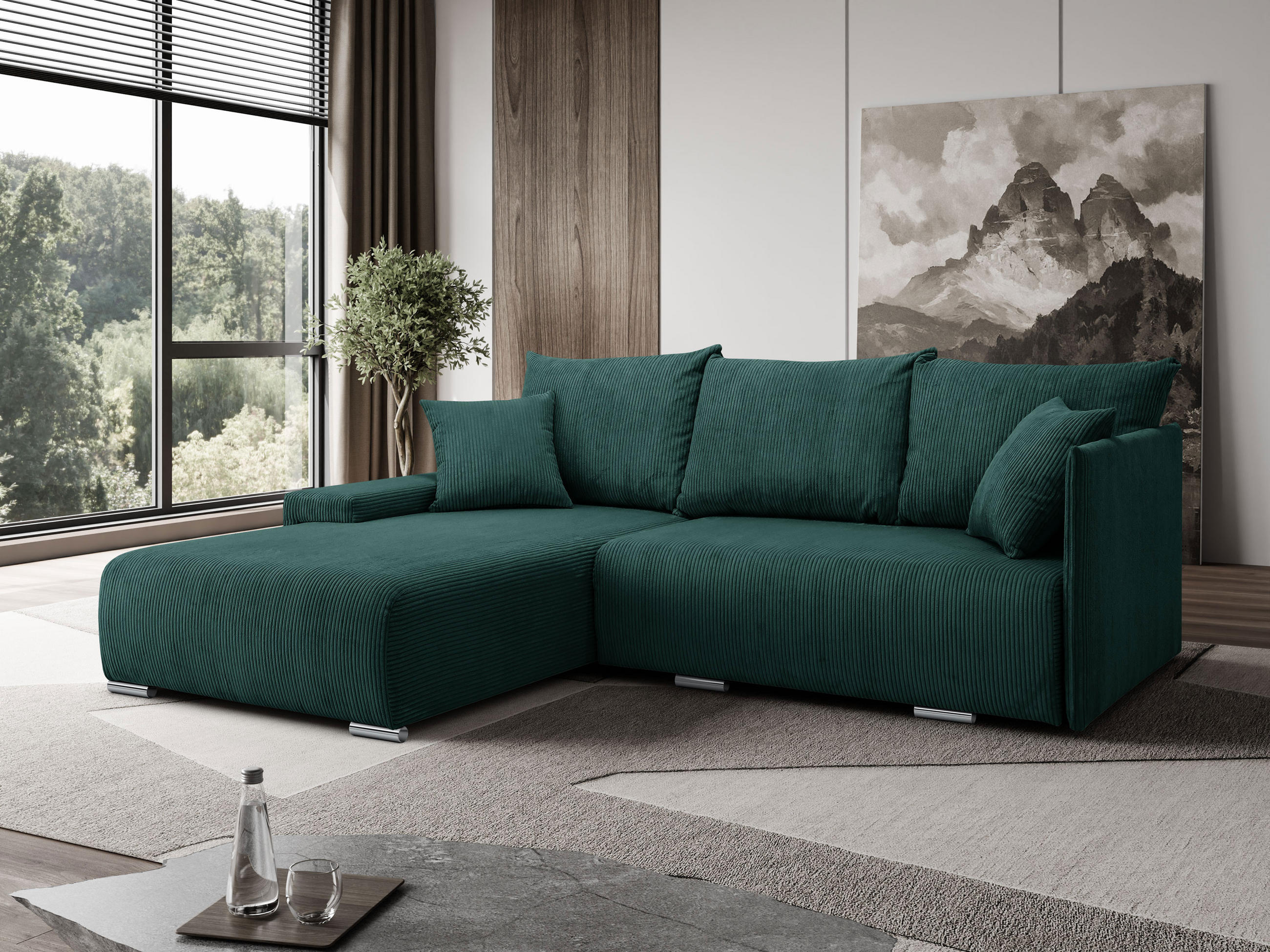 ECKSOFA L-Form Schlaffunktion Livorno Cord-Stoff Grün Links - Chromfarben/Schwarz, Holz/Kunststoff (188/246cm) - Kaiser Möbel