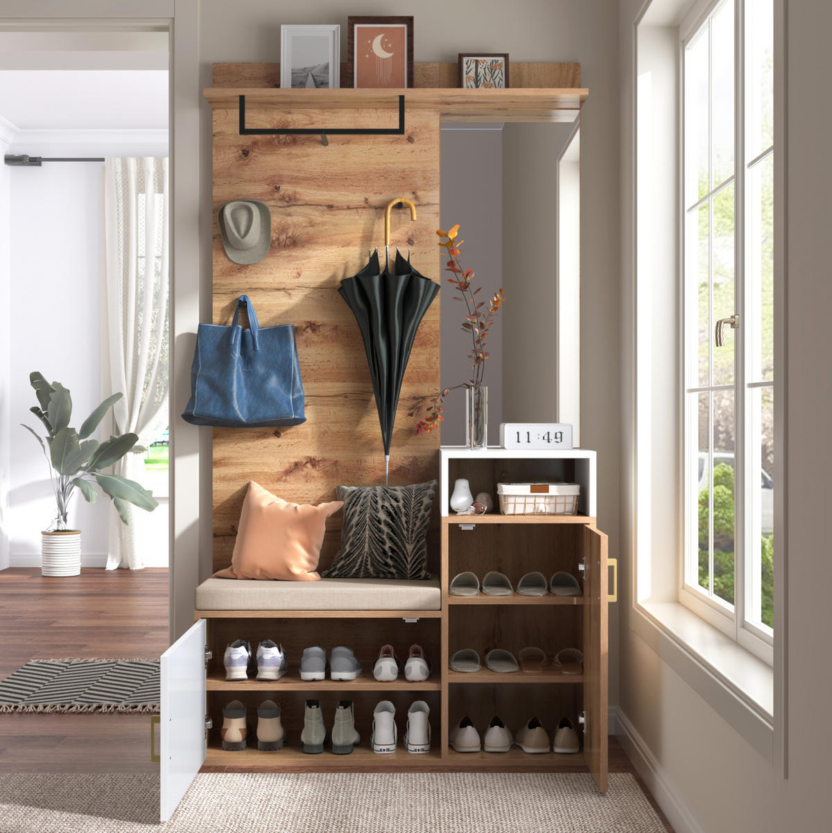 GARDEROBENSET 105/40/190,5 cm aus MDF und Spanplatte mit Spiegel und Sitzbank Weiß/Holzfarben - Weiß, Holzwerkstoff (105/190.5/40cm) - Modenvie