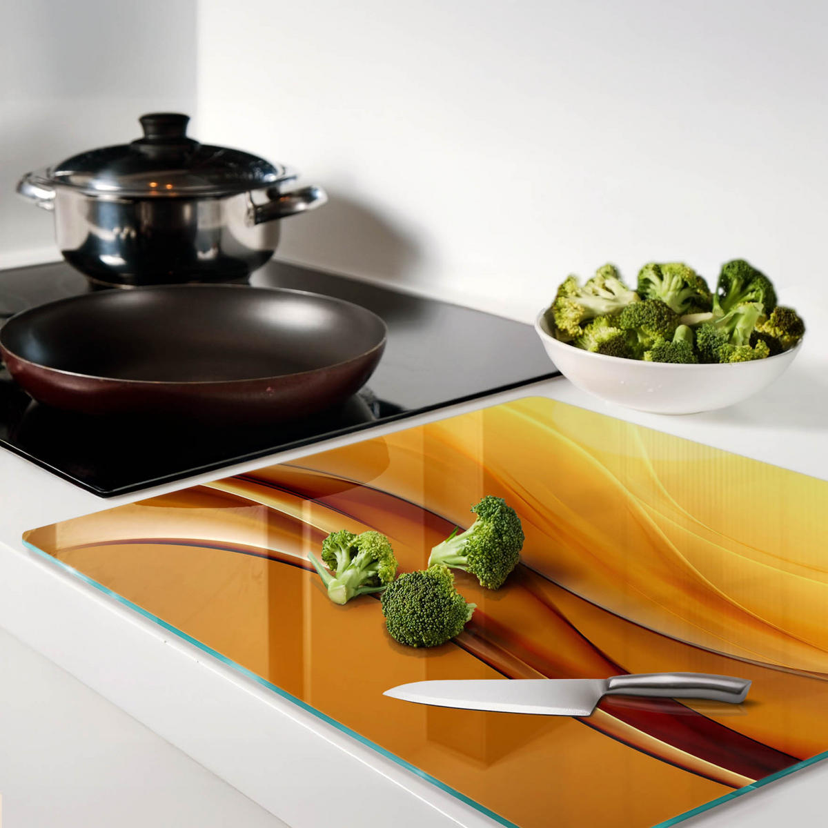 GLASPLATTE 60x52 cm Wellenhintergrund - Orange/Braun, Glas (60/0.4/52cm) - TULUP