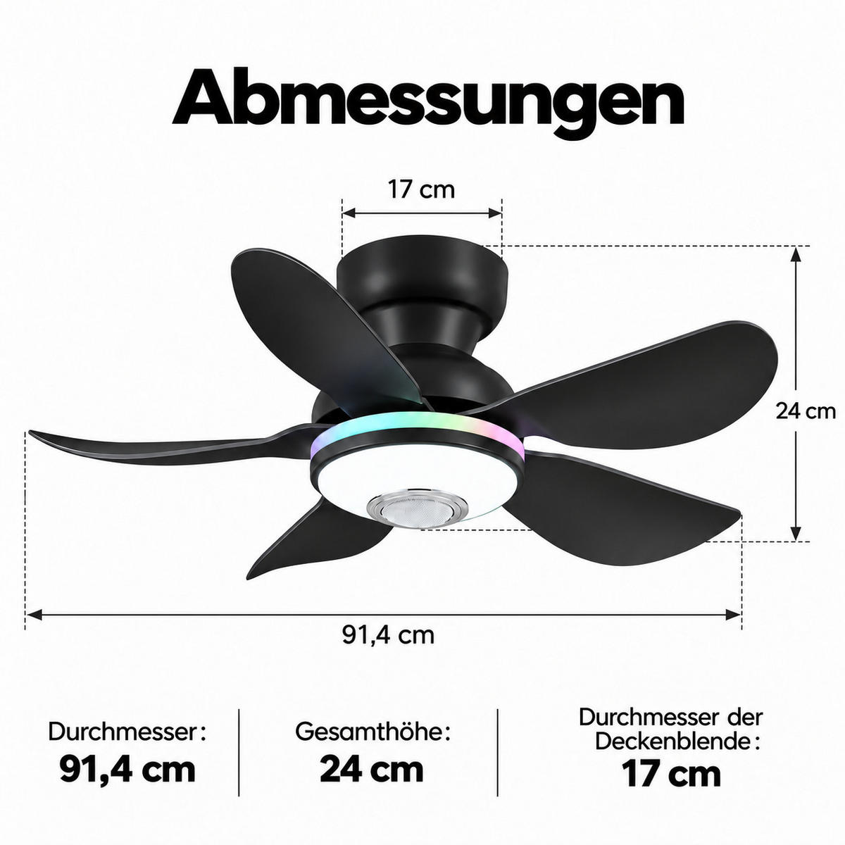 DECKENVENTILATOR Schwarz 91,4 cm mit LED und leisem DC-Motor - Schwarz, Kunststoff (91.4/91.4/24cm) - Surtime