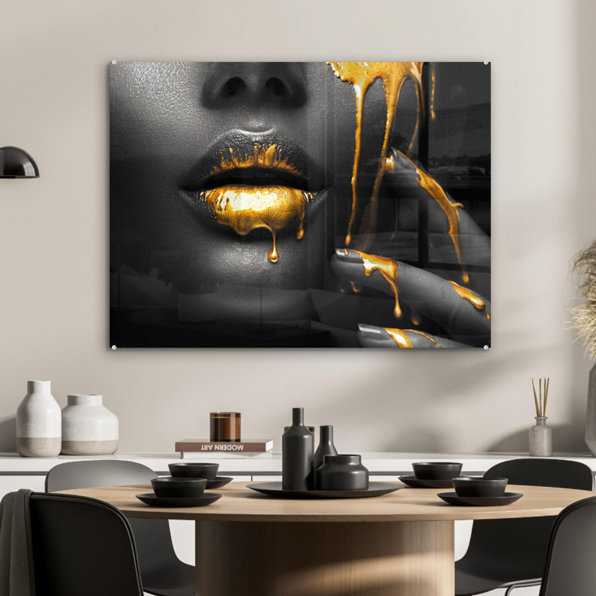 ACRYLGLASBILD Frau - Schwarz - Gold - Gesicht - Lippen 80x60 cm - Goldfarben, Glas (80/60cm) - MuchoWow