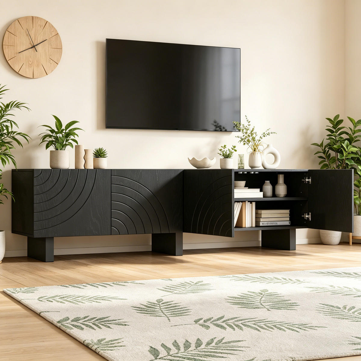 TV‑LOWBOARD Schwarz mit strukturierten und 4 Türen 180 × 40 × 55 cm - Schwarz, Holzwerkstoff (180/55/40cm) - Luhomfu