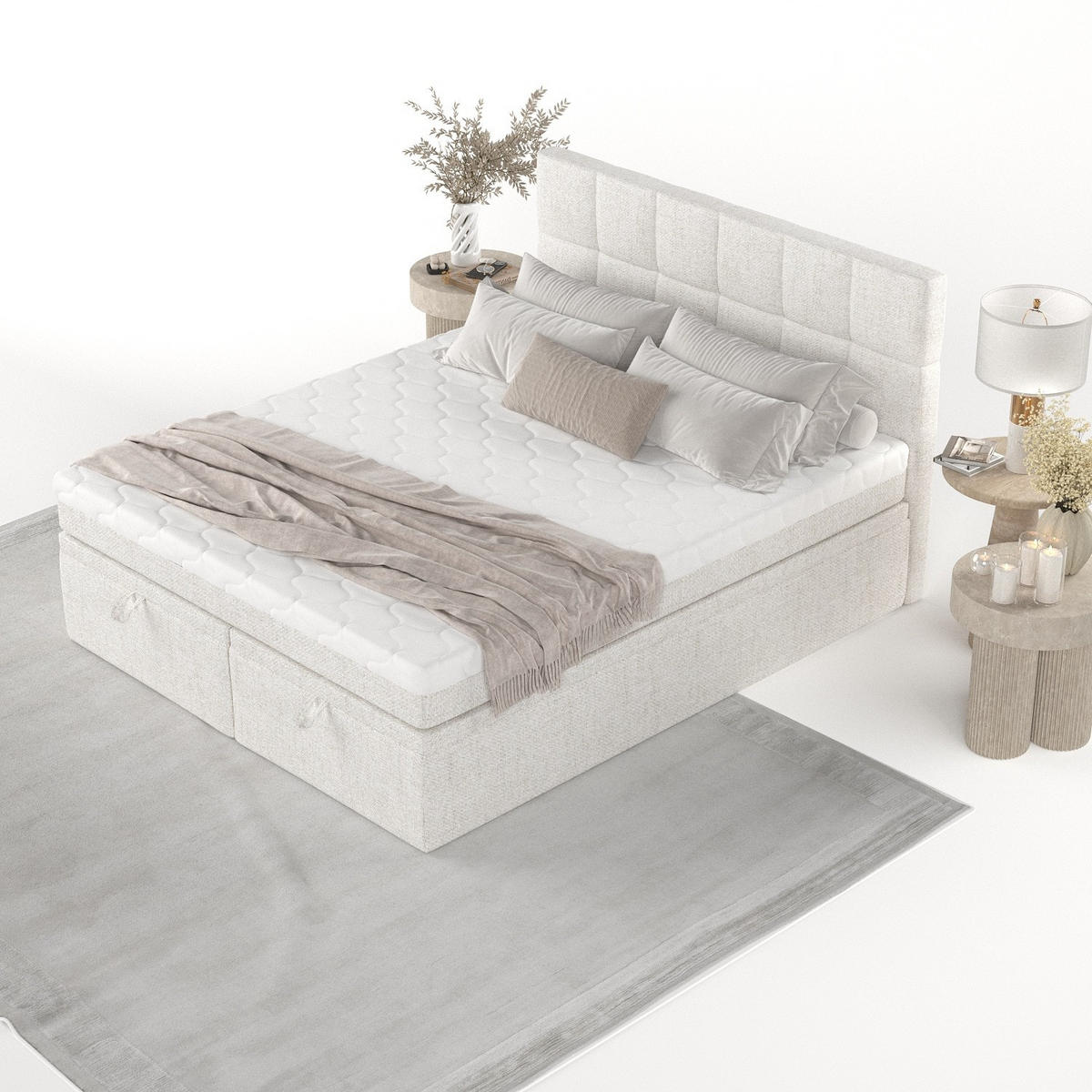 BOXBETT Elano 200/200 cm Creme im Neve Stoff - Creme/Schwarz, Holz/Holzwerkstoff (200/200cm) - AltaBeds