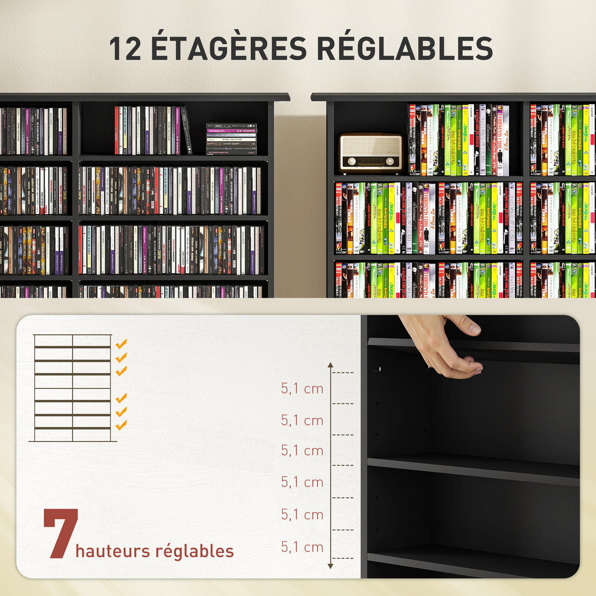 CD-REGAL DE-14455 16 Fächer, verstellbare Böden Schwarz - Schwarz, Holzwerkstoff (24/126.3/106.5cm) - ComfortXL