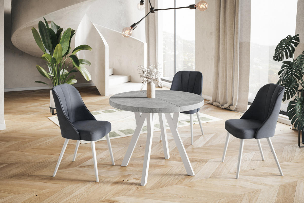 ESSZIMMERTISCH OVO, ausziehbarer Tisch 120 cm bis 220 cm, Farbe: Graphit, mit Holzbeinen in Farbe Weiß - Weiß/Grau, Holzwerkstoff (120/120/77cm) - Alpi-Möbel