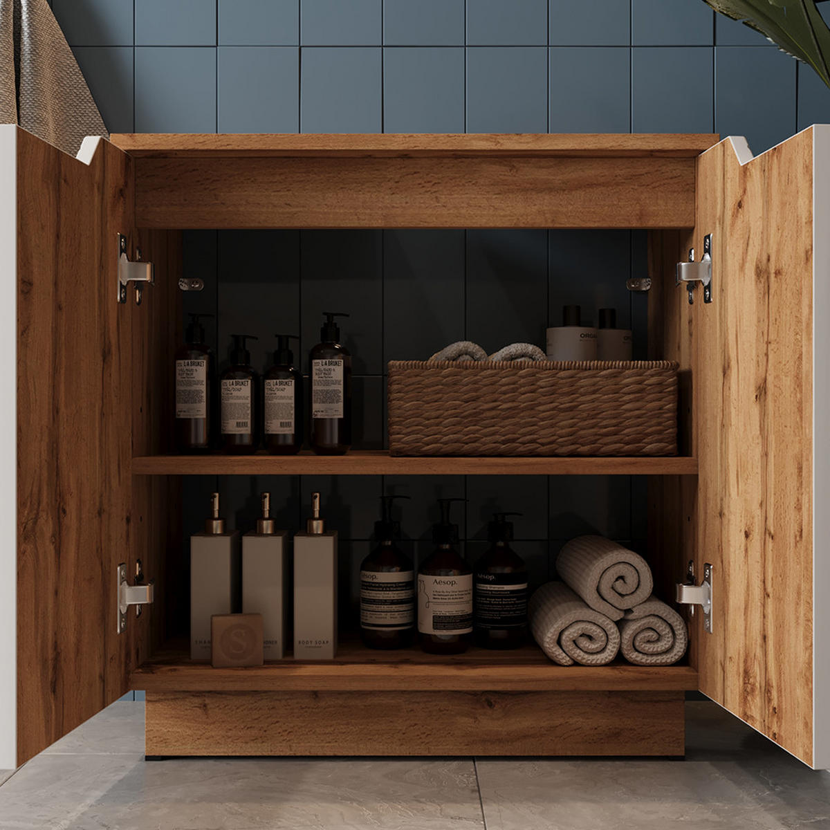 BADMÖBEL-SET Lotta Eiche/weiß gestreift 4 Teile - Eichefarben/Weiß, Holzwerkstoff (59.8/62.1/32cm) - Vicco