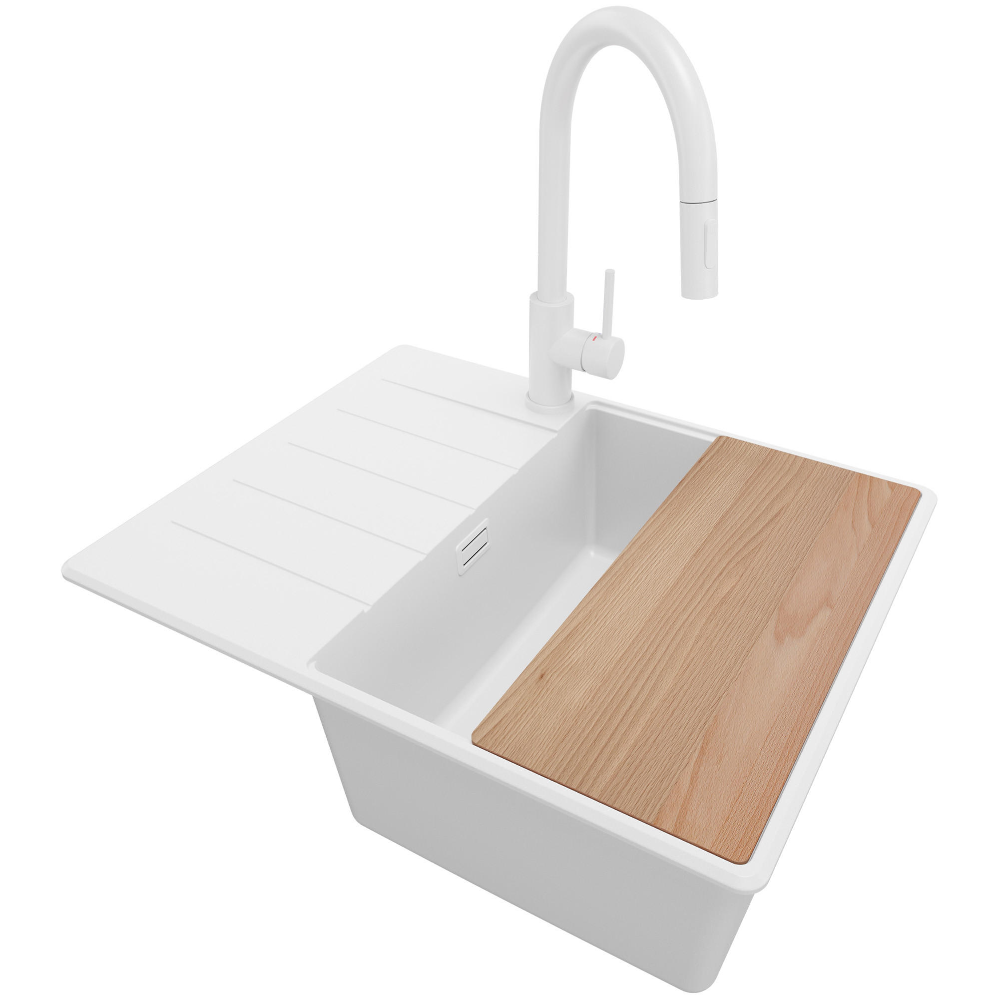 GRANITSPÜLE Kopenhagen, 2-er set Alles Weiß 62/50 cm 1 Becken + Küchenarmatur 40/20 cm + Ablauf-Set + Schneidebrett ab 45er Unterschrank - Beige/Weiß, Kunststoff (62/20/50cm) - Primagran