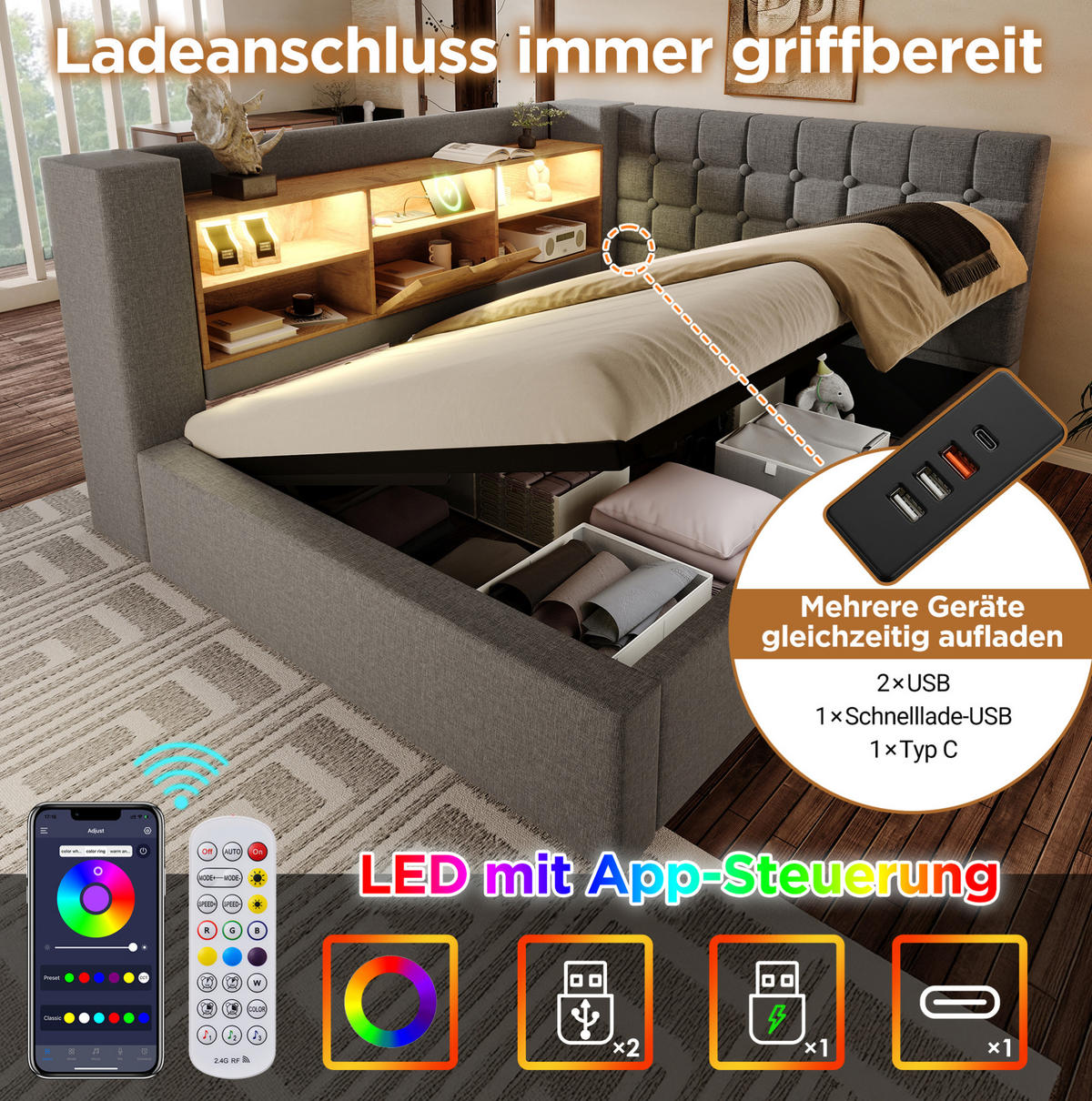 POLSTERBETT 140/200 cm Grau mit LED-Beleuchtung, Stauraum und USB-Anschlüssen - Grau, Textil (140/200cm) - Flora Grace