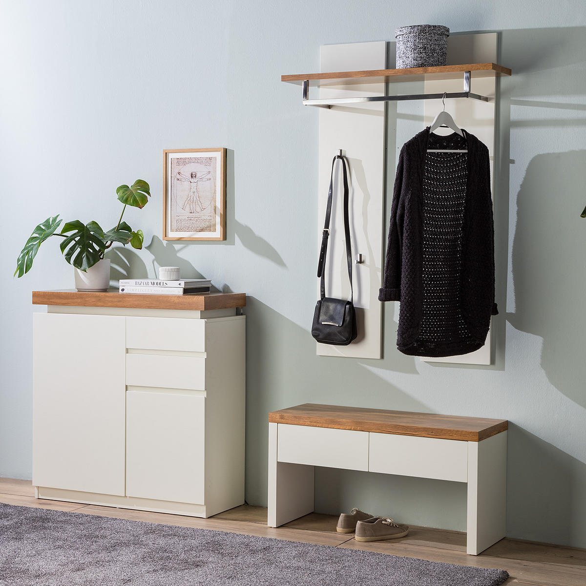 SCHUHKOMMODE - Inkl. Beleuchtung - Eichefarben/Weiß, Holzwerkstoff (91/97/38cm) - home24