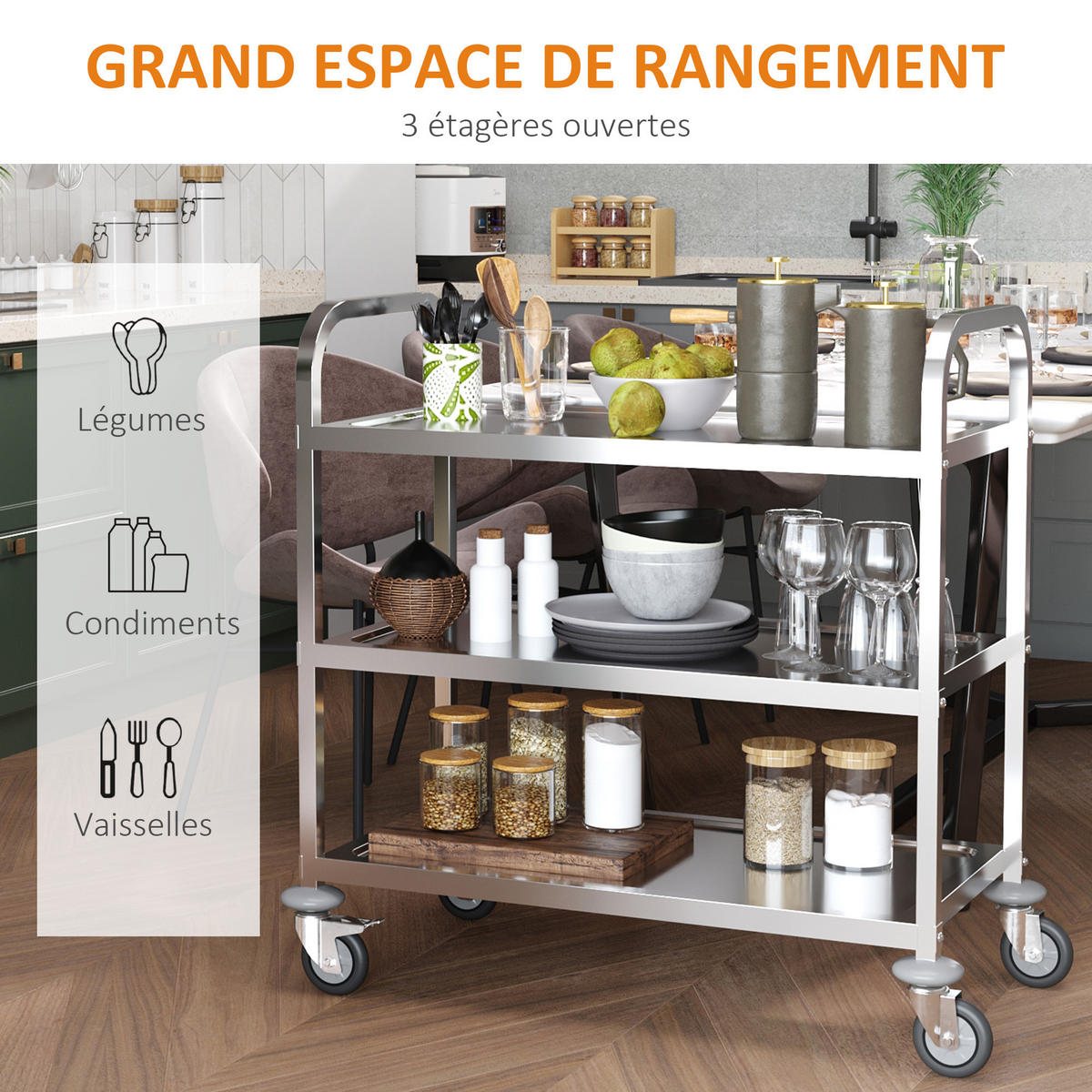 KÜCHENWAGEN DE-17091 3 Etagen aus Edelstahl Silber - Grau, Metall (50.5/88.2/90.5cm) - ComfortXL