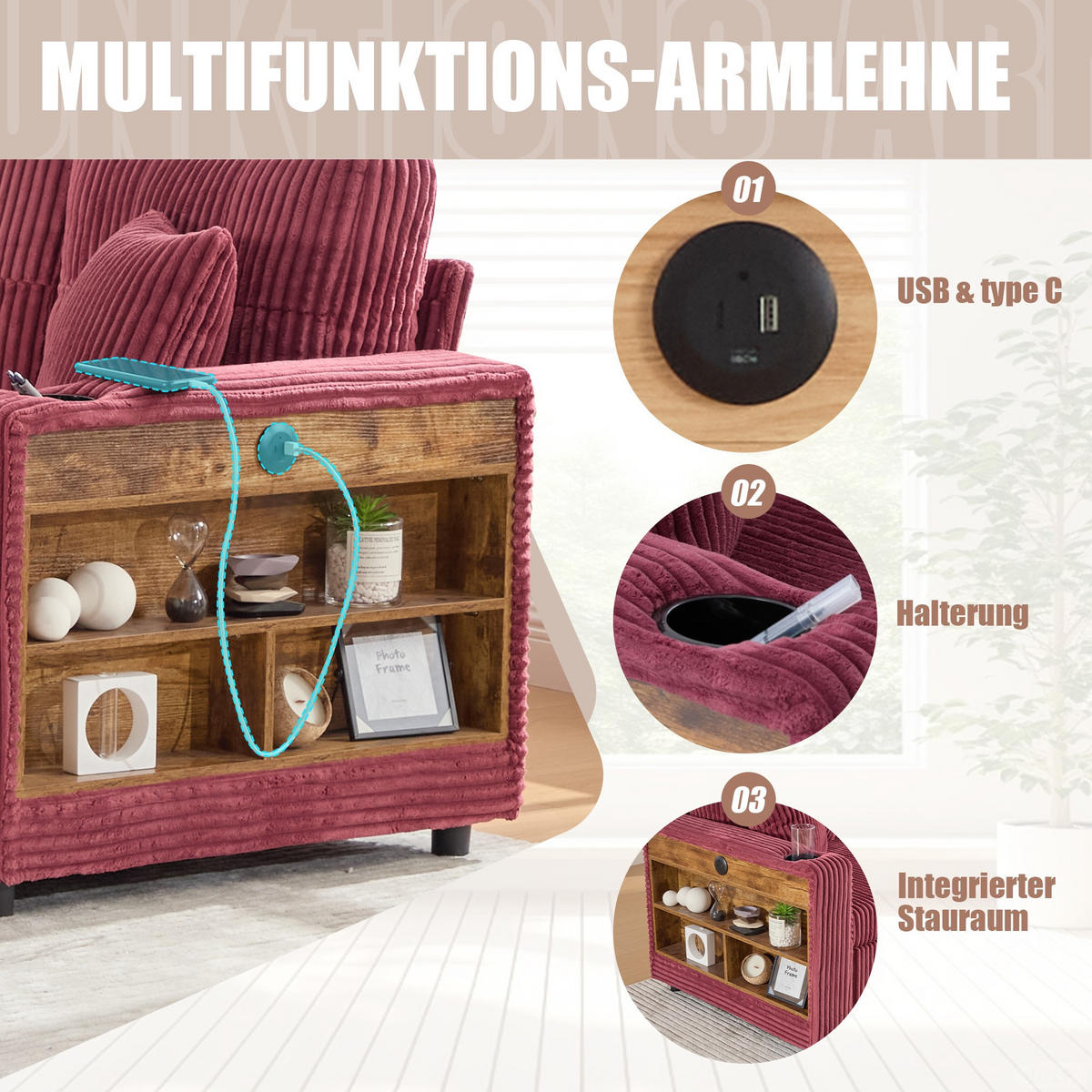 SCHLAFSOFA 3-er Sofa mit Schlaffunktion,Aufbewahrungshocker,Cord,Rot - Rot, Textil (196/85/119cm) - LVHOM