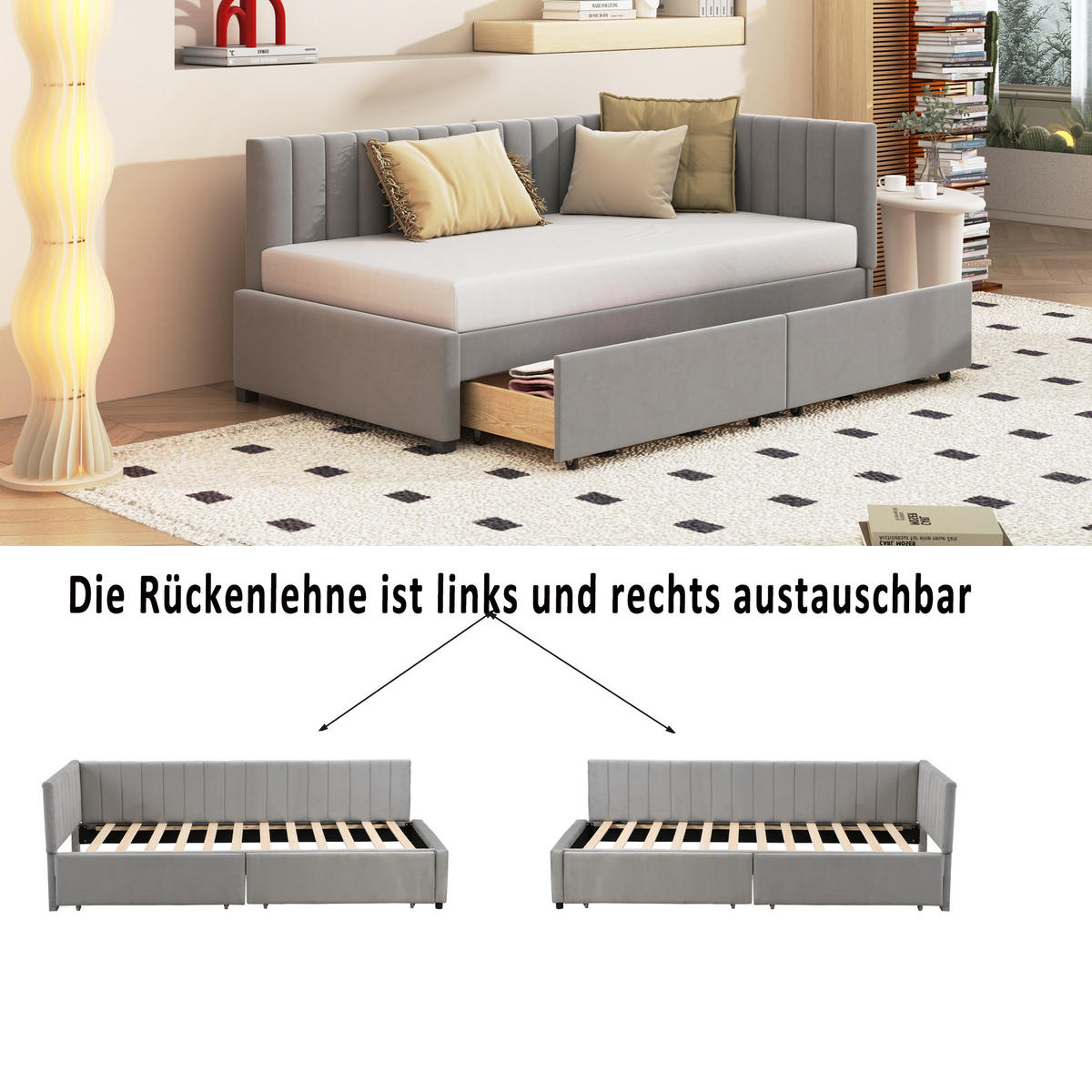 POLSTERBETT 90x200 Schlafsofa Samt Stauraum 2 Schubladen Grau - Grau, Holzwerkstoff (90/200cm) - FLIEKS