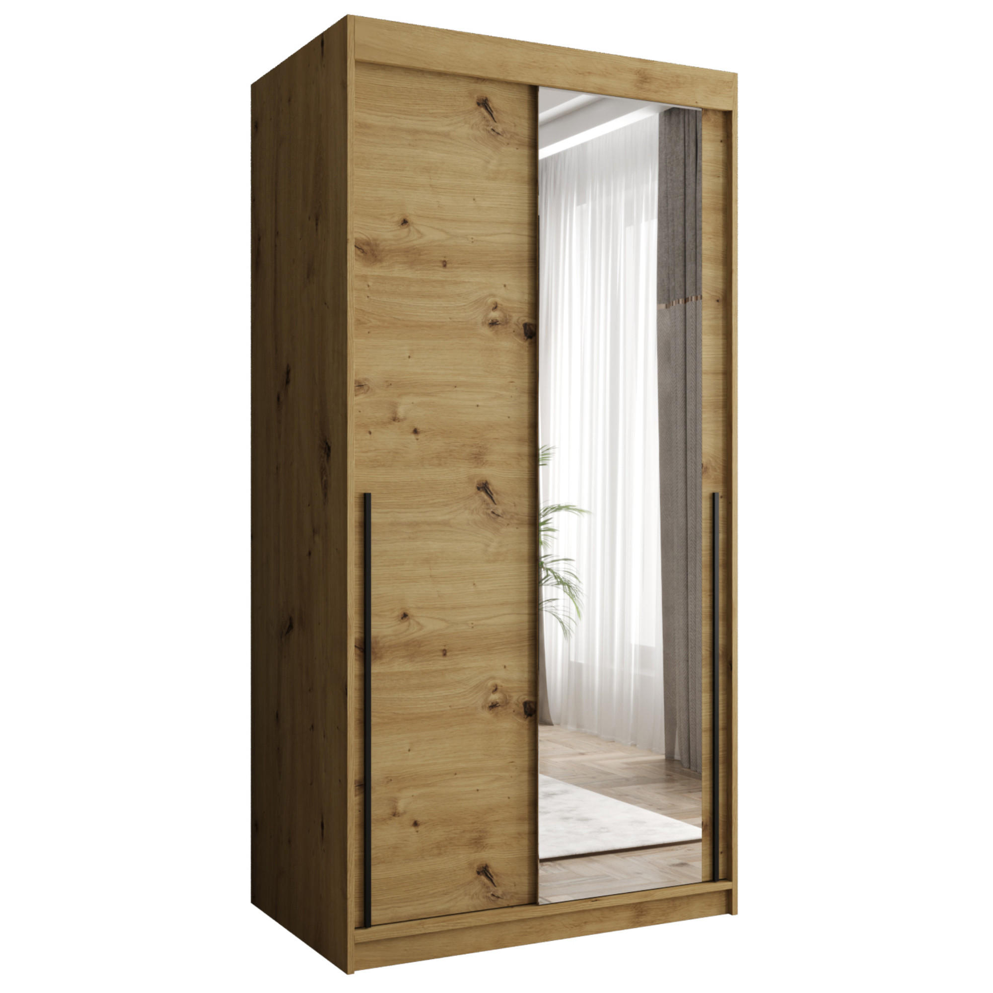 SCHWEBETÜRENSCHRANK mit Spiegel 100 cm Breite Artisan mit schwarzem Griff - Schwarz/Eiche Artisan, Holzwerkstoff (250/200/62cm) - Home Collective