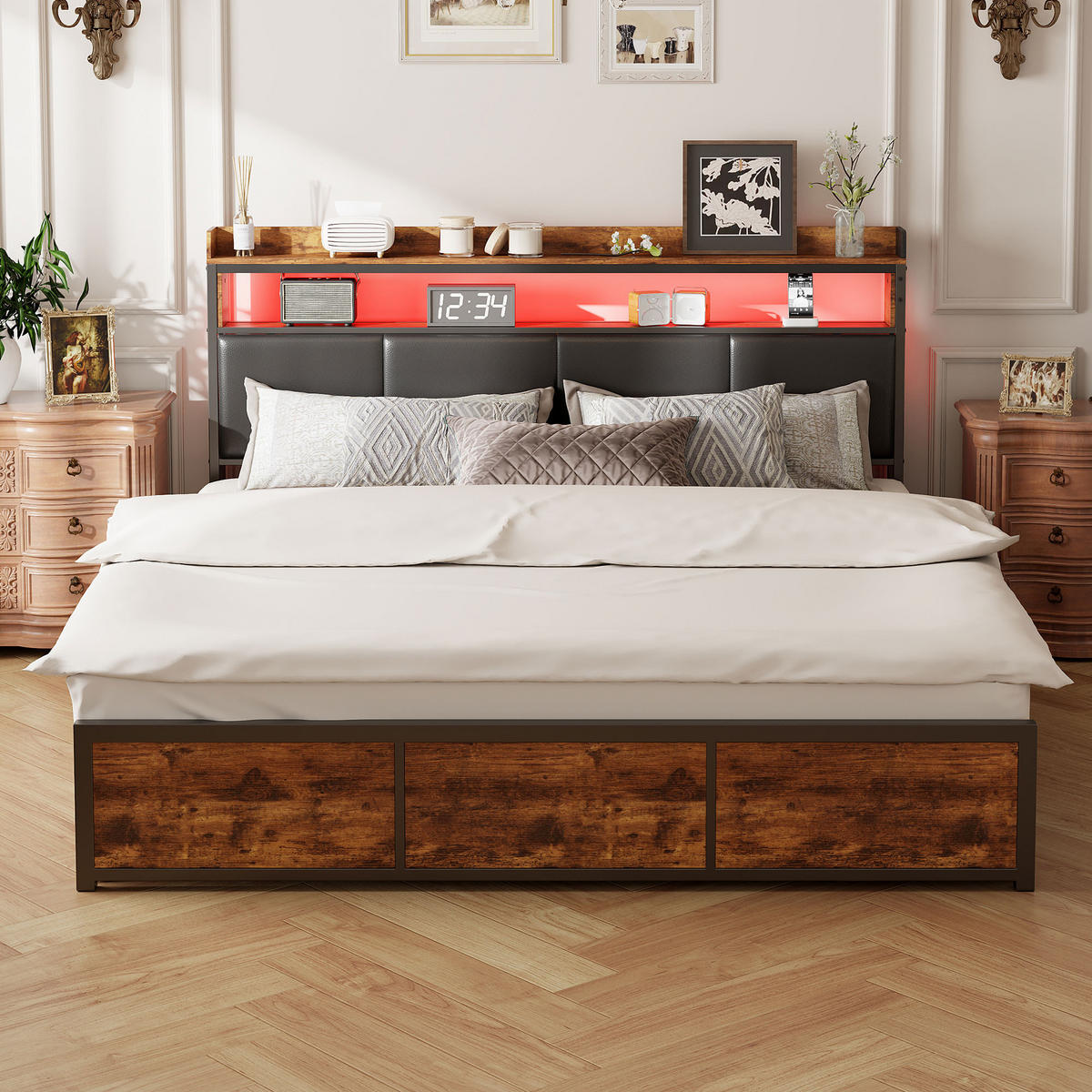 POLSTERBETT PU Bezug 140x200 cm mit LED, 4 Schubladen und Stauraum Kopfteil Schwarz - Schwarz, Holzwerkstoff (140/200cm) - Novahome