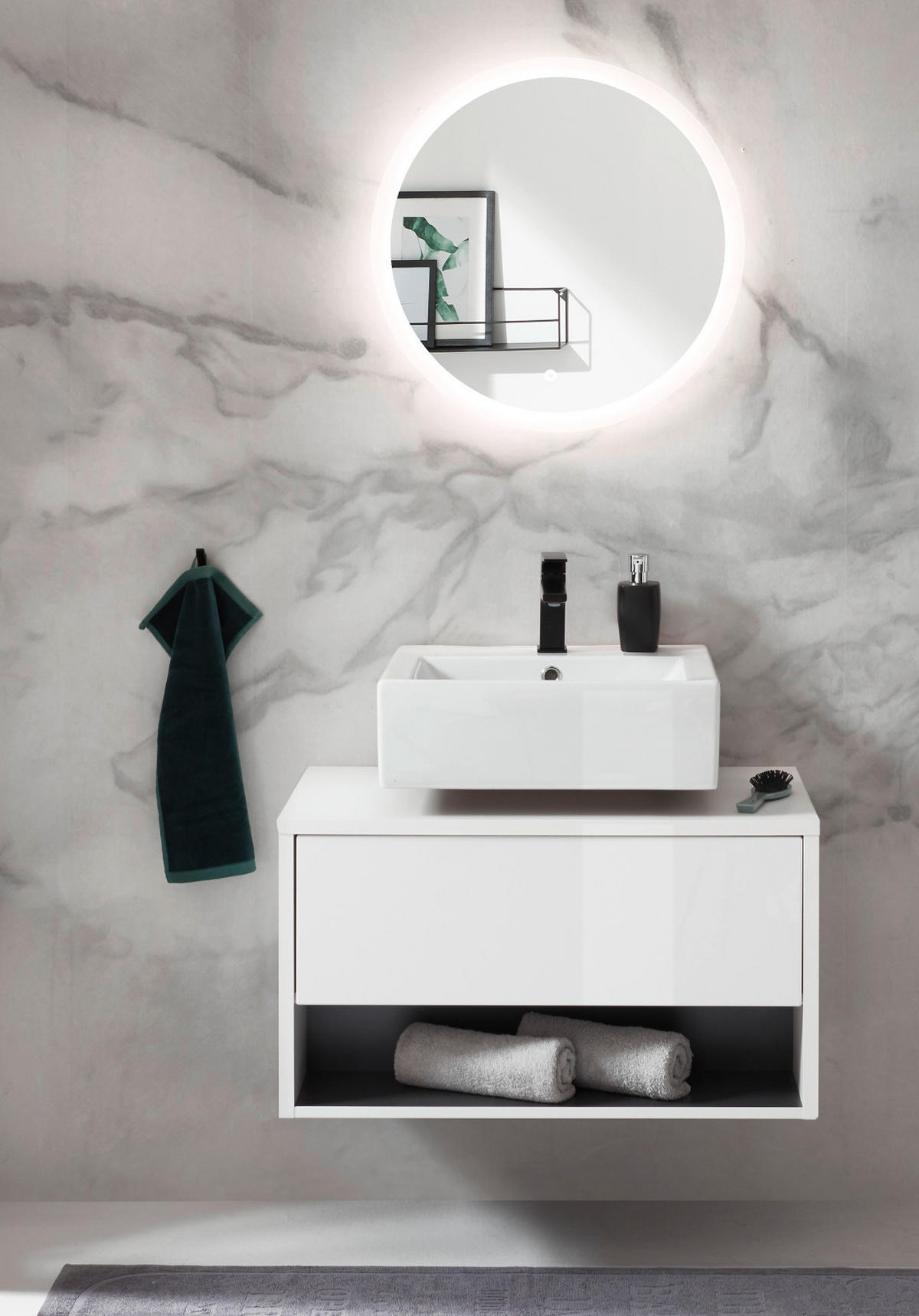 BADMÖBEL Set 2-teilig in weiß Hochglanz und grau mit LED Beleuchtung 80 x 190 cm Glide - Weiß Hochglanz/Grau, Glas/Holzwerkstoff (80/190/46cm) - Furn.Design