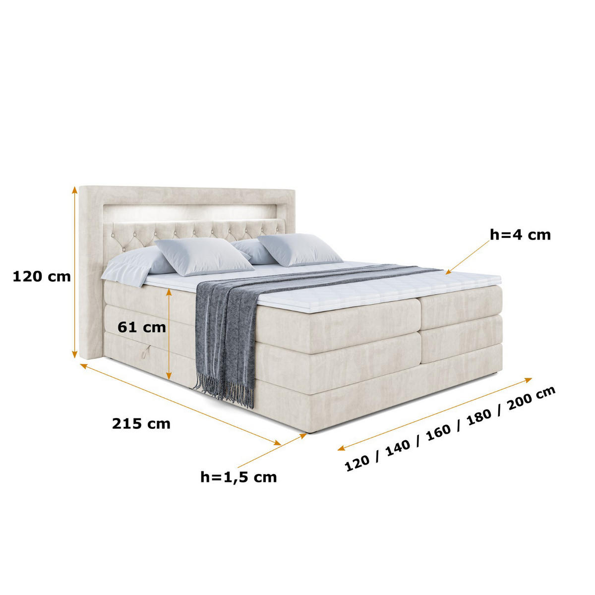 BOXSPRINGBETT NOEL GOLD KING - 180x200 - H3/H4 - Ecru - Ecru, Holzwerkstoff (180/200cm) - ALTDECOR