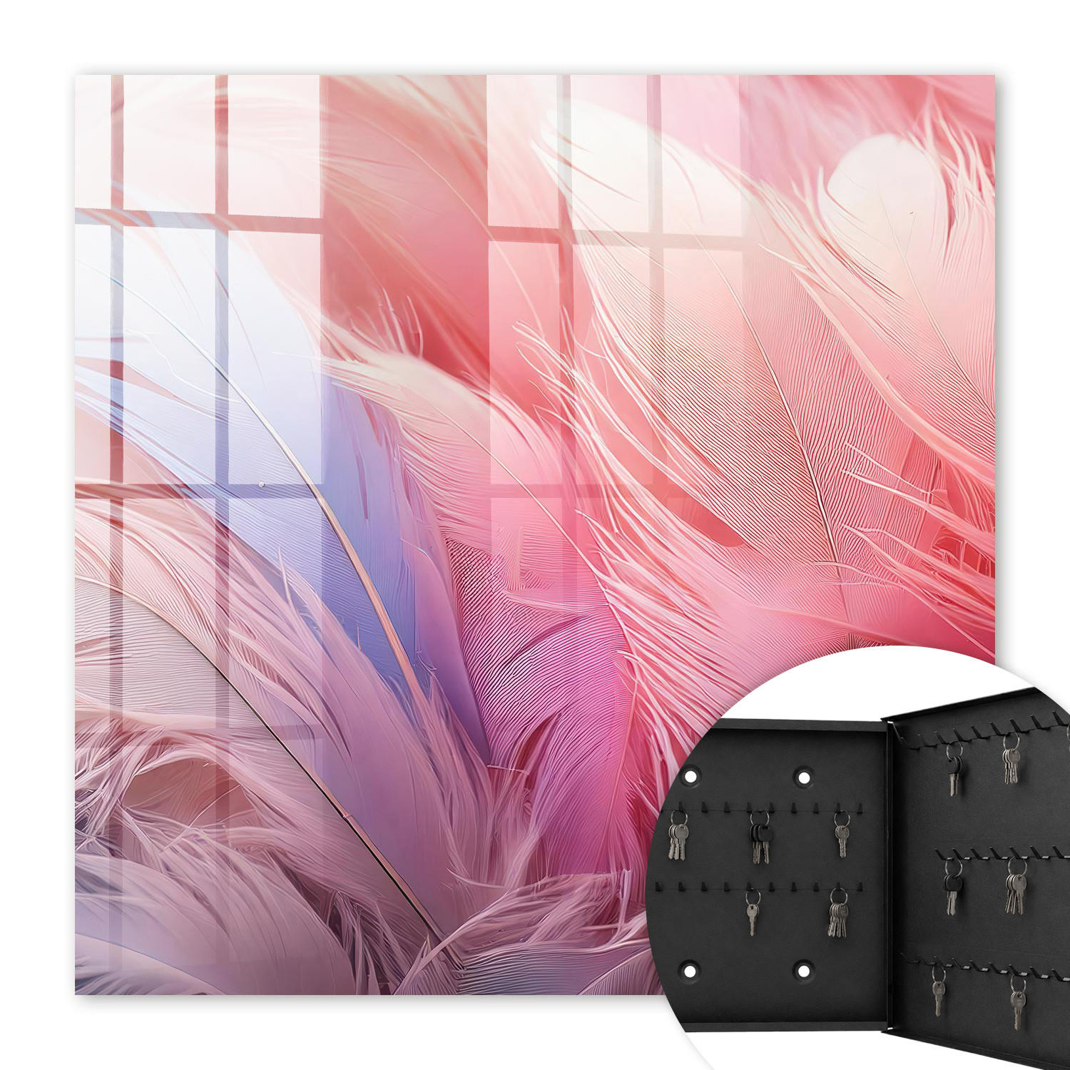 SCHLÜSSELBOX Schwarz 30x30 cm- Türöffnung nach rechts - Wunderschöne rosa Federn - Pink, Metall (30/30/5cm) - TULUP