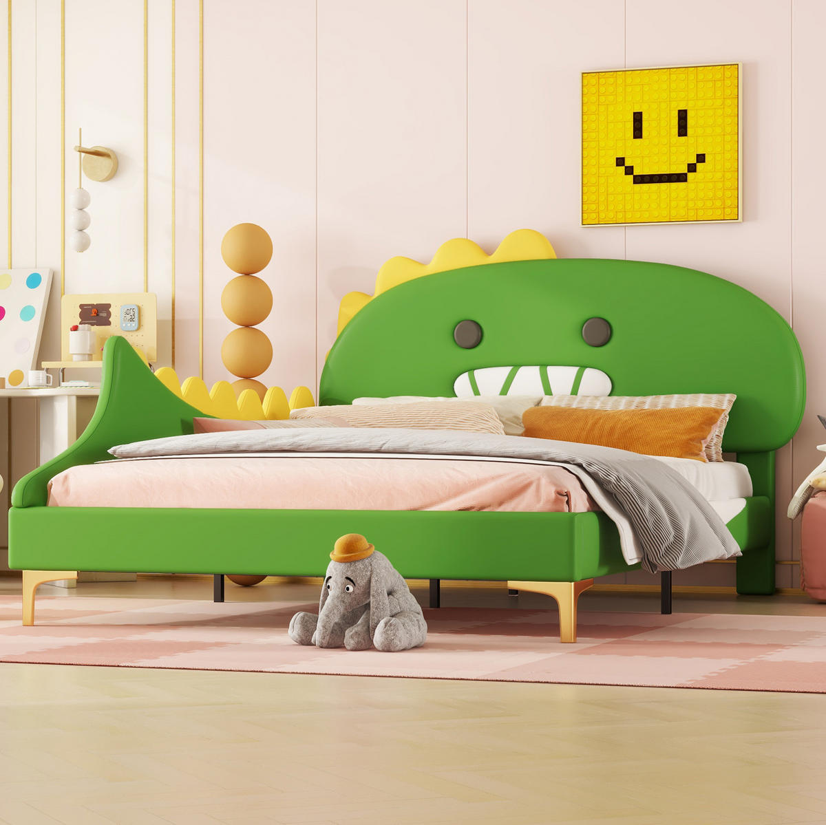 KINDERBETT Dinosaurier 140/200 cm Grün aus PU und MDF - Grün, Kunststoff (140/200cm) - MIVRAY