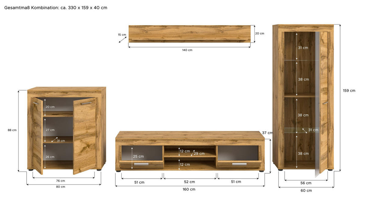 WOHNWAND Milo 4 tlg. (B/H/T: ca. 330/159/40 cm) in Wotan Eiche /Wotan Eiche - Eichefarben, Holzwerkstoff (330/159/40cm)