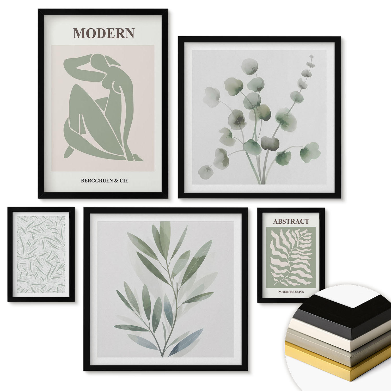WANDBILDER 5er-Set - 50x50 cm & 20x30 cm & 40x60 cm Schwarzer Rahmen - Matisse entwirft Boho-Pflanzen - Schwarz, Kunststoff (40/60cm) - ArtPrintCave