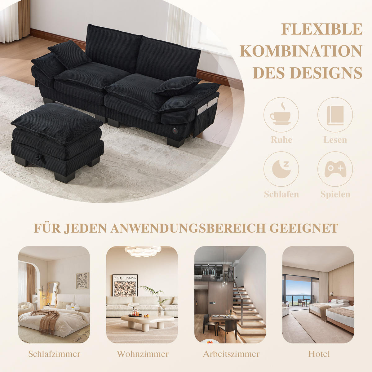 ECKSOFA mit USB-C Anschluss, Hocker und Kissen in Schwarz - Schwarz, Textil (190/132cm) - EVRYAE