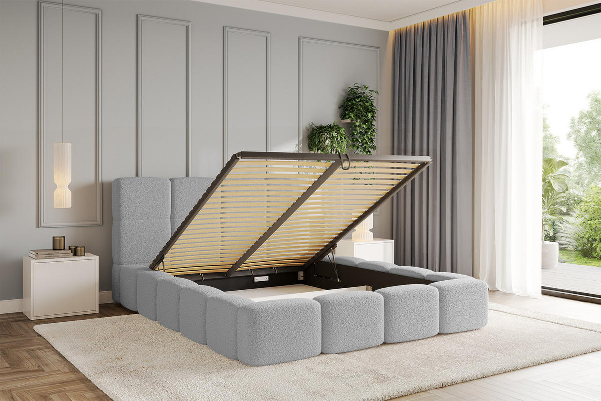 POLSTERBETT mit Bettkasten und Lattenrost mit Kopfteil, Boxbett ohne Matratze, mit Stauraum - NATA 140x200 Hellgrau - Hellgrau, Holzwerkstoff/Textil (140/200cm) - ALTDECOR
