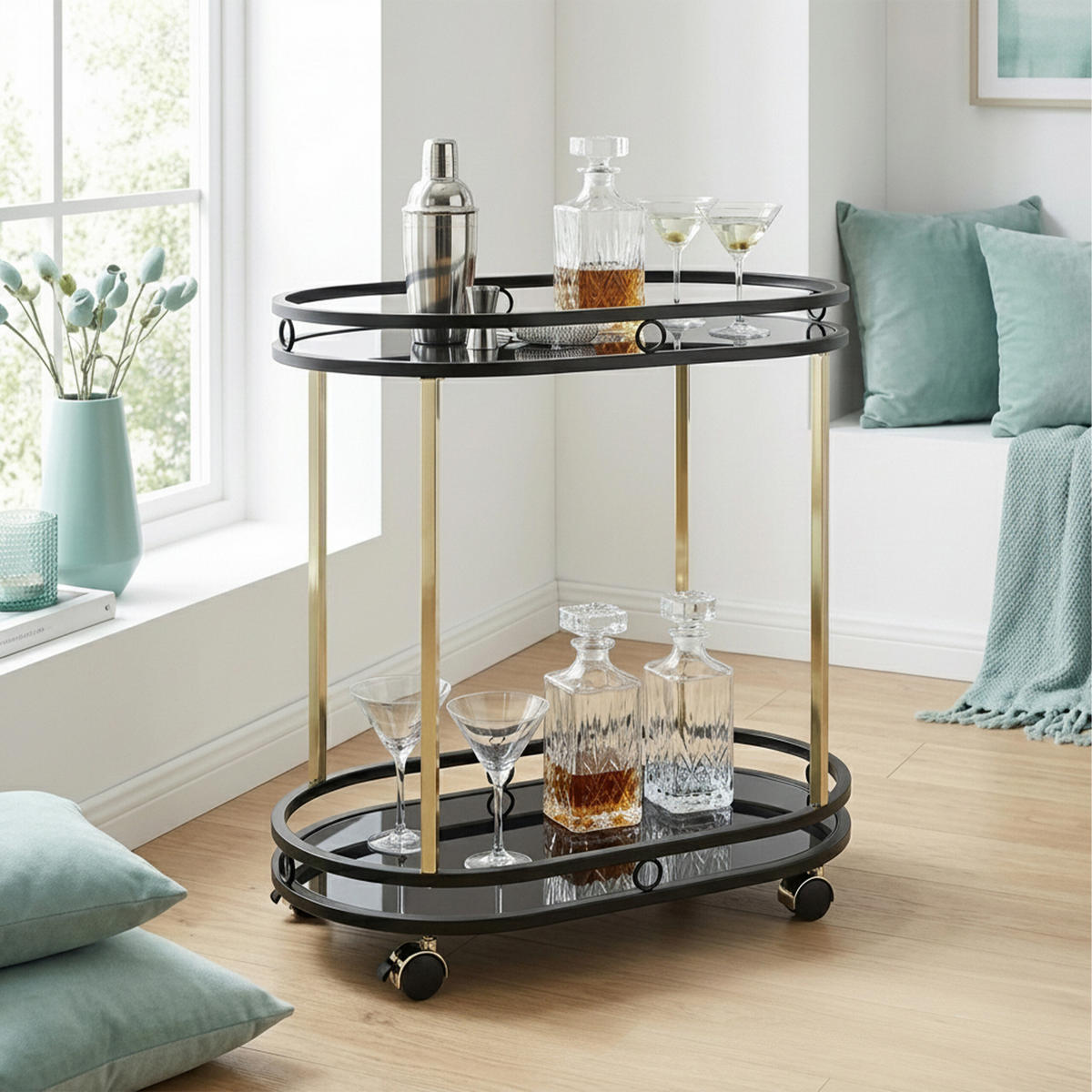 SERVIERWAGEN Schwarz Gold 2 Glasablagen Stahl - Schwarz, Glas/Kunststoff (72/77.5/42cm) - Relaxdays