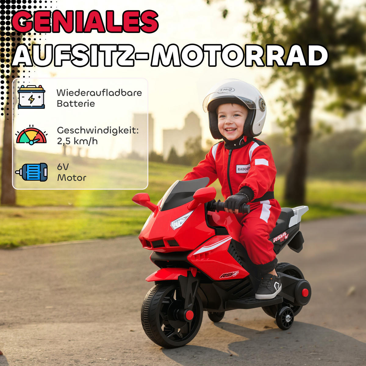 ELEKTRO KINDERMOTORRAD mit USB Stützrädern und Musik - Rot, Metall (75/36/49cm) - AIYAPLAY